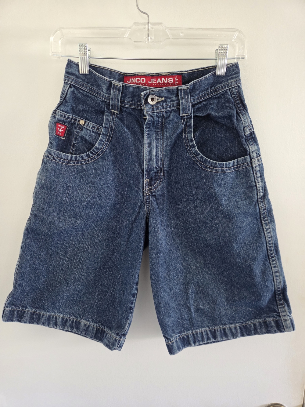 Vintage 90’s JNCO Dark Wash Blue Denim Shorts Dragon embroidered Shorts Sz 12